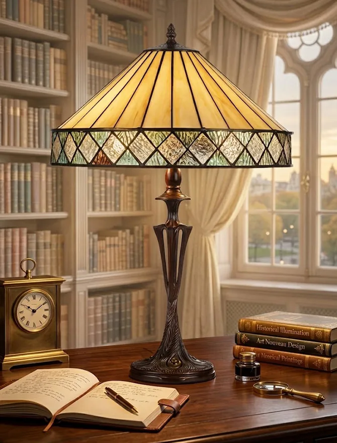 Lámpara Tiffany ámbar en una biblioteca