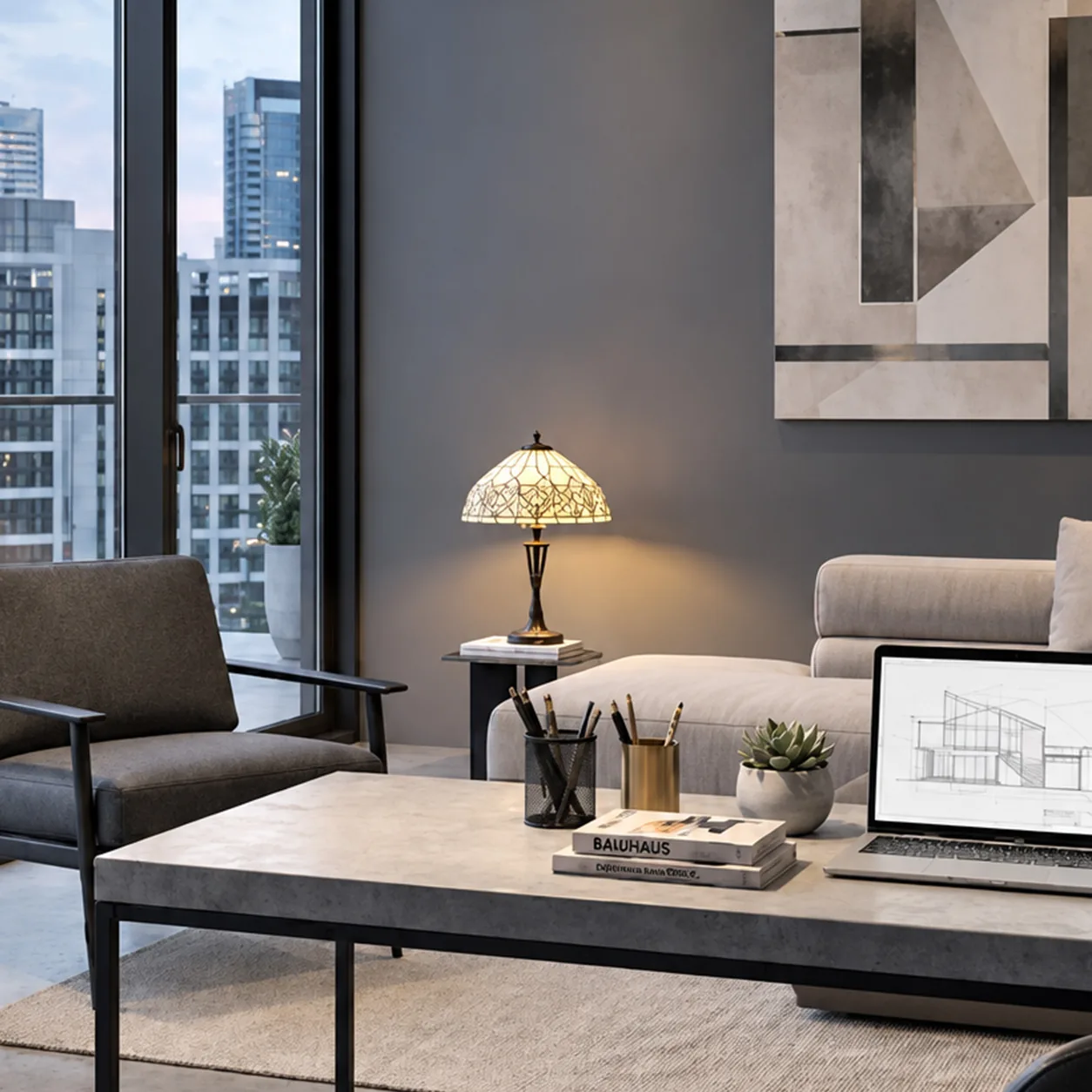 Lámpara Tiffany en un estudio con vistas a la ciudad