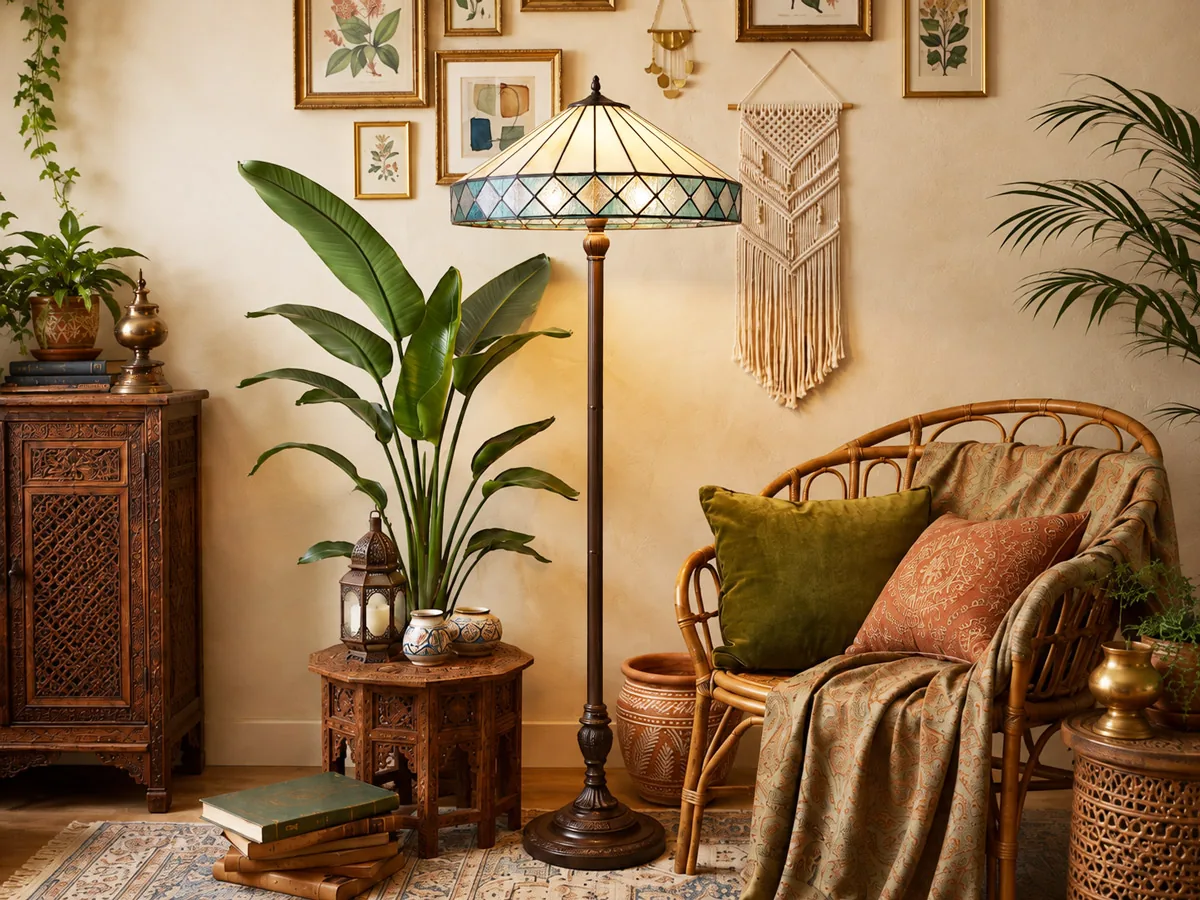 Lámpara Tiffany de pie entre plantas y muebles de mimbre